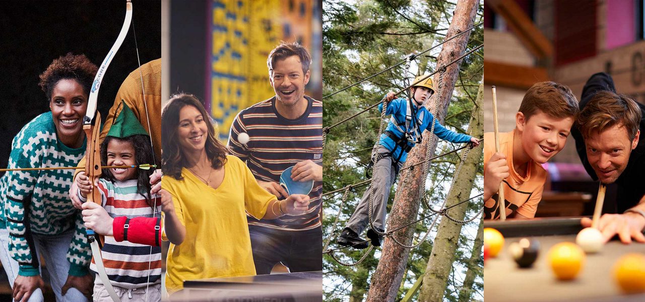 Split image showing multiple Center Parcs activities, inlcuding Target Archery, Table Tennis, Laser Combat and English Pool
