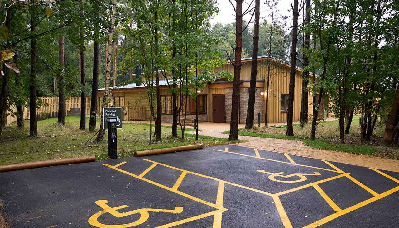 Accessible parking spaces marked with yellow wheelchair symbols sit unused in front of a wood cabin. A sign reads "Disabled Parking." Context: forested surroundings with trees, fences, and paved walkway.