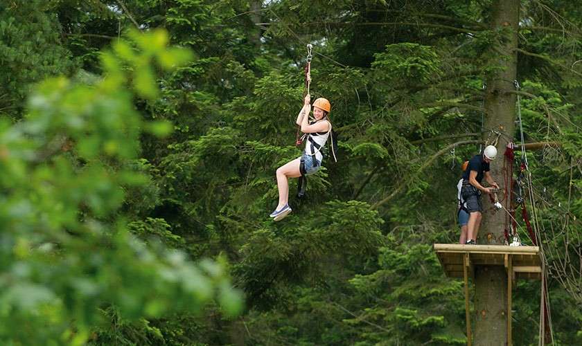 Helmeted person ziplining, gripping the harness; another person adjusts equipment on a small wooden platform attached to a tree; dense evergreen forest fills the background.
