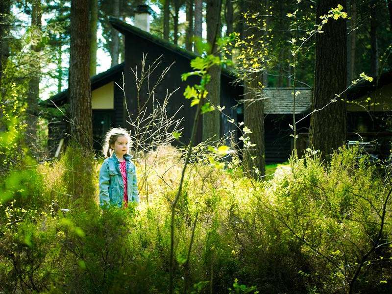 Child stands among dense green shrubs, looking left. Sunlight filters through tall trees. Dark wooden cabins with sloped roofs sit in the background, partially hidden by trunks and foliage.