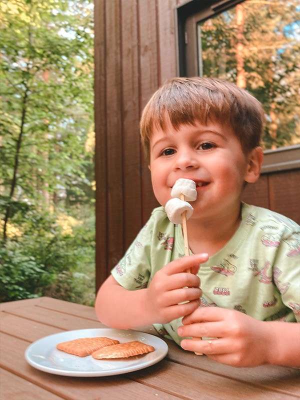 Child bites marshmallows from a skewer, smiling. Seated at a wooden table beside a cabin window, with a plate of biscuits in front, surrounded by green forest in daylight.