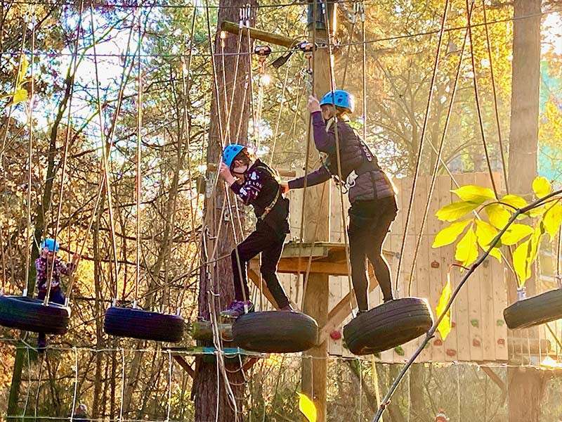 Two harnessed kids step across suspended tires, gripping ropes, while another child follows farther back. The action occurs on a high ropes course among tall trees on a sunny autumn day.