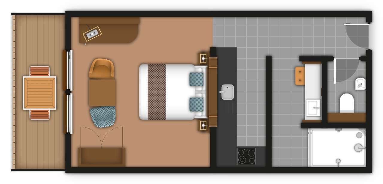 Studio apartment floor plan shows double and single beds beside a kitchenette; right, bathroom with tub, sink, and toilet; left, sliding doors open to a balcony table and chairs.