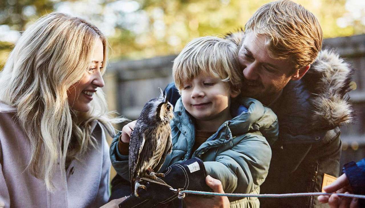 Owl perches on a child’s gloved hand; the child and two adults smile and lean close, outdoors in soft daylight, all wearing winter coats, with a visible tethered rope.