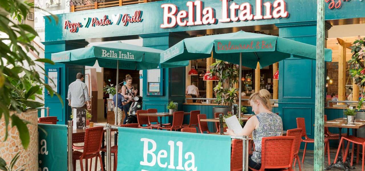 Patio diner reads a menu outside a teal Italian restaurant, under green umbrellas, with red chairs and plants. Text: “Pizza / Pasta / Grill”, “Bella Italia”, “Restaurant & Bar”, “Bella”.