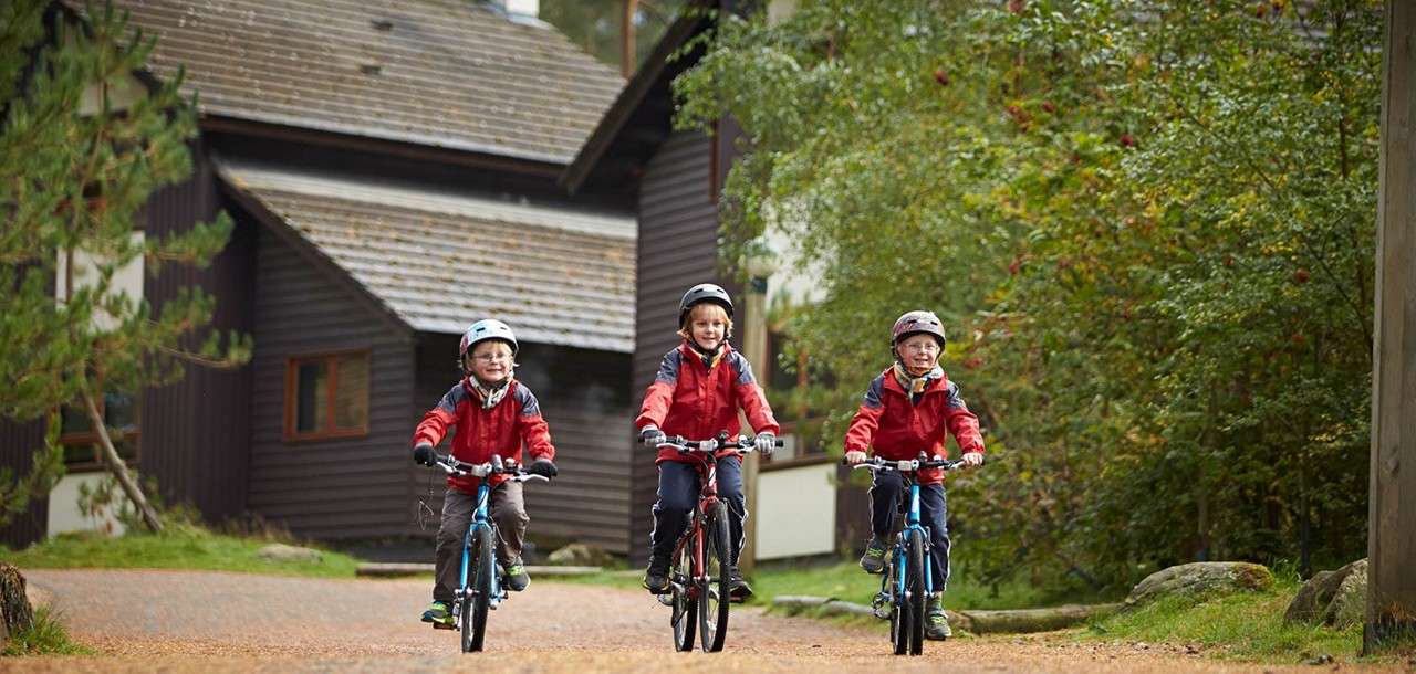 Three helmeted children ride bicycles forward, smiling, on a gravel path. Trees and greenery flank the trail, and a dark wooden cabin with sloped roof sits nearby in the background.