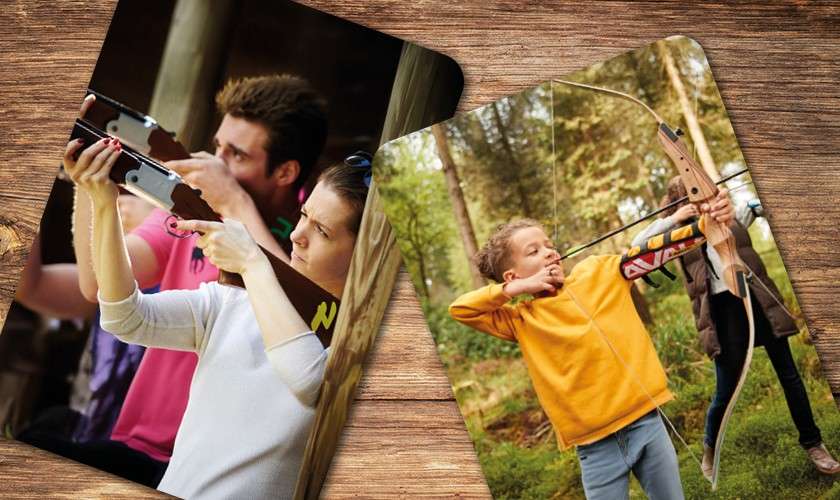 Split image with someone playing Badminton and a family taking part in Football Pool.