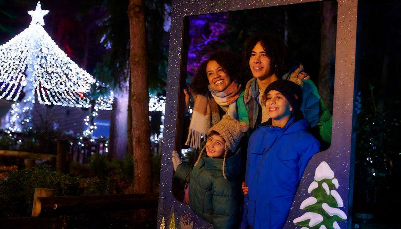 Four people pose and smile inside a decorative frame, bundled in winter coats, while behind them a cone-shaped tree of white lights glows among trees at a holiday light display.