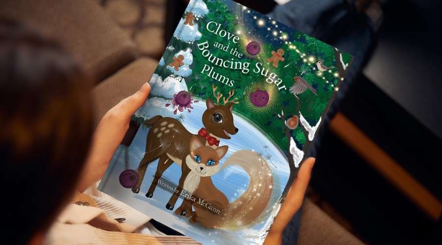 Book—Held in both hands by a seated person on a couch, showing a whimsical cover with a deer and fox in a snowy forest.

Text: “Clove and the Bouncing Sugar Plums” “Illustrated by Erika McGinn”.