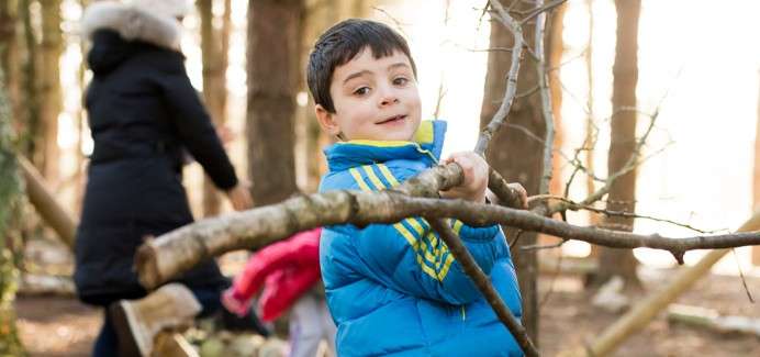 Child in a blue puffer jacket lifts a tree branch, smiling, in a sunlit forest while two people move in the background among trees.