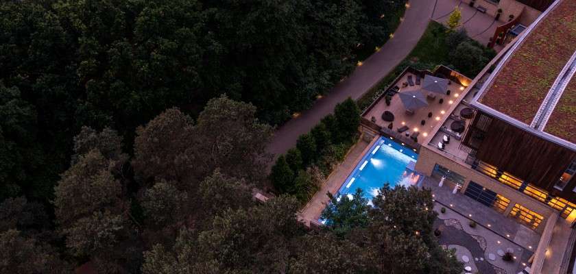 Outdoor swimming pool glows blue; empty lounge chairs and umbrellas surround it, adjacent to modern building with green roof, terrace, and curving path edging dense forest at dusk.