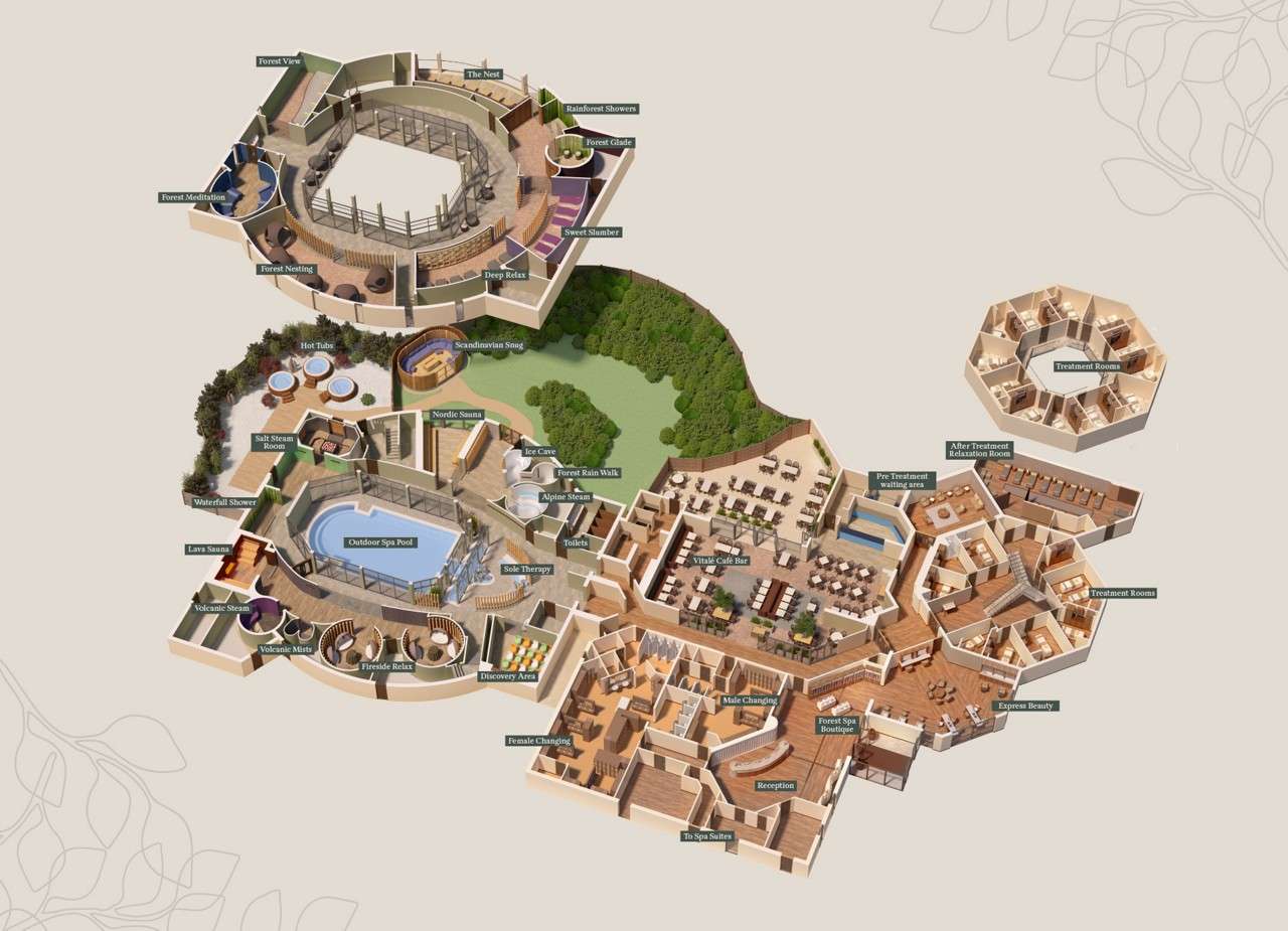 Spa floor-plan map displays connected wellness zones; labeled areas guide movement through pools, saunas, and relaxation spaces across indoor-outdoor sections.
Text: Forest View, Forest Meditation, Forest Nesting, The Nest, Rainforest Showers, Forest Glade, Sweet Slumber, Deep Relax, Hot Tubs, Salt Steam Room, Waterfall Shower, Lava Sauna, Volcanic Steam, Volcanic Mists, Fireside Relax, Outdoor Spa Pool, Discovery Area, Sole Therapy, Forest Rain Walk, Alpine Steam, Ice Cave, Nordic Sauna, Scandinavian Snug, Toilets, VITAE Café Bar, Pre-Treatment waiting area, After Treatment Relaxation Room, Treatment Rooms, Treatment Rooms, Express Beauty, Forest Spa Boutique, Reception, To Spa Suites, Male Changing, Female Changing.