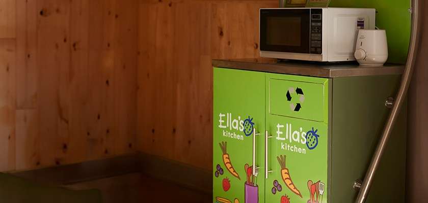 Microwave and electric kettle sit atop a green cabinet; the cabinet shows produce graphics and a recycling slot, in a wood-paneled corner with a handrail. Text: Ella's kitchen Ella's kitchen.