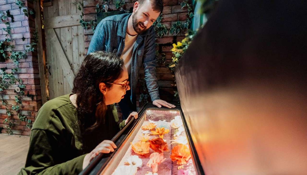 Two people examine a lit display case, studying orange and white flowers; one leans over the glass while the other looks on in a rustic, ivy-decorated brick room.