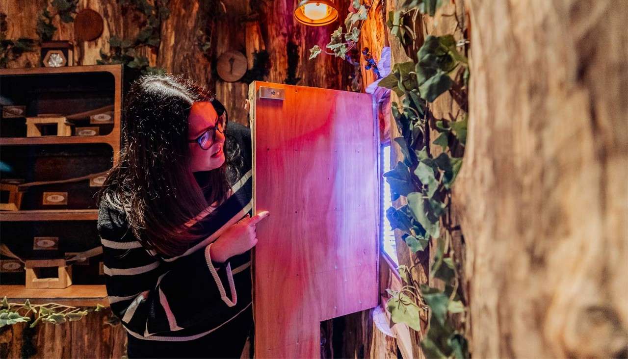 Woman opens a hidden wooden panel, peering at a purple-blue glow. Surrounding, a rustic treehouse-like room with ivy-covered walls, warm lamp, and shelves of small labeled drawers.