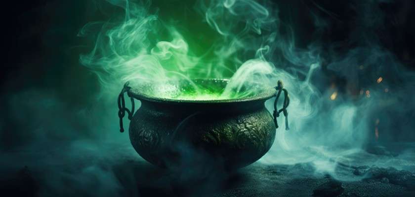 Cast-iron cauldron bubbles, releasing green glowing vapor and wisps of steam, on a dark, misty surface with faint orange embers in the background.