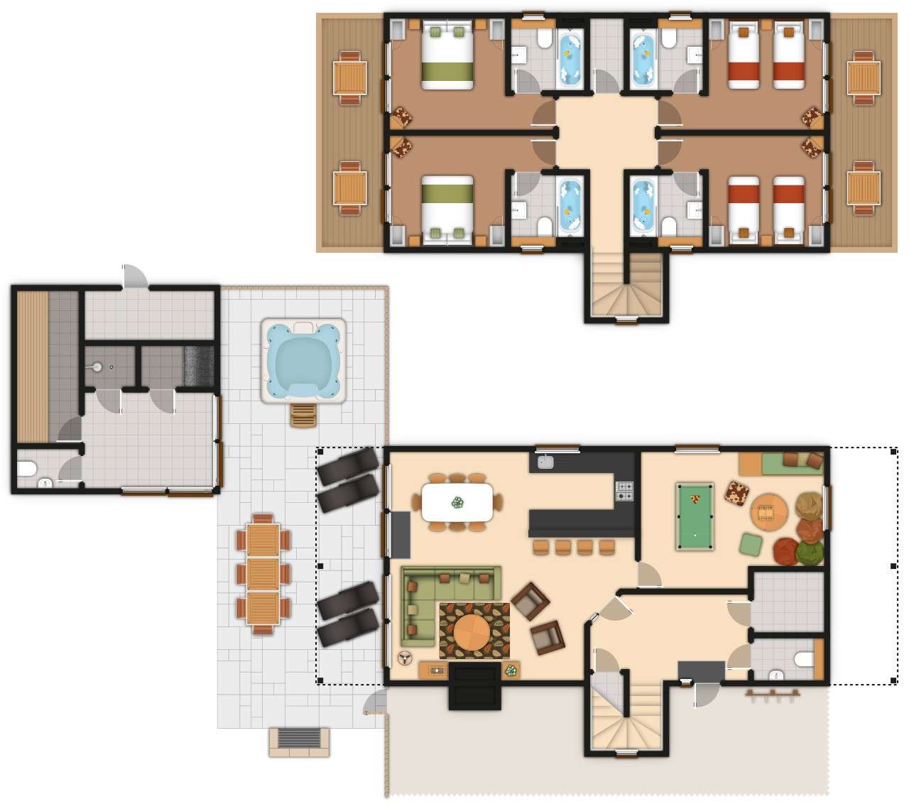 Floor plan shows rooms arranged: downstairs open living–dining–kitchen, game room, bath, patios with seating and hot tub; upstairs four bedrooms with ensuite bathrooms, balconies linked by hallway and stairs.