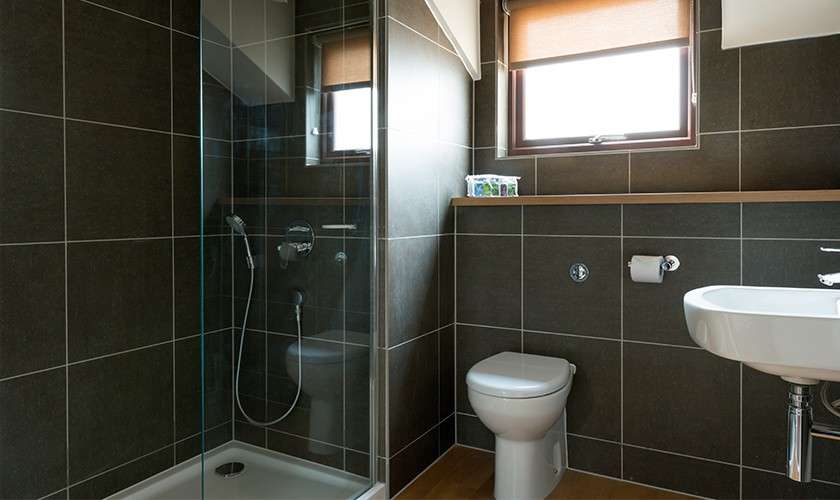 Glass-enclosed shower stands beside a white toilet and wall-mounted sink; dark tiled walls, window with blind, floating shelf, and toilet paper holder complete a compact modern bathroom.