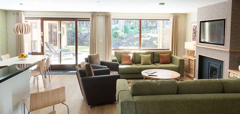 Sofas and armchair encircle a round coffee table, facing a fireplace and built-in TV, in an open-plan living-dining room with wood floors, large glass doors to a patio overlooking trees.