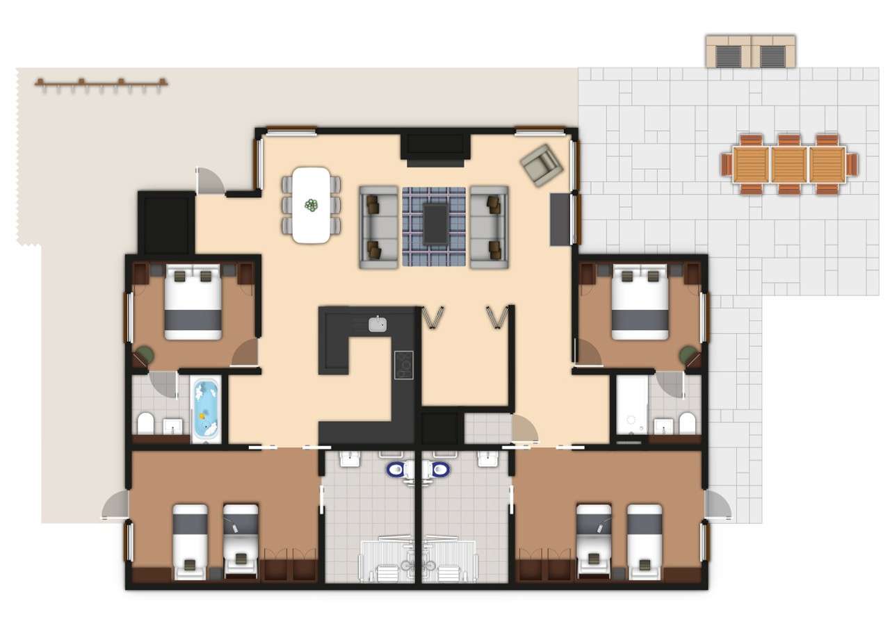 Floor plan depicts central open living-dining area adjoining U-shaped kitchen; four bedrooms flank two shared bathrooms; doors open to patios, including a large terrace with outdoor dining table.