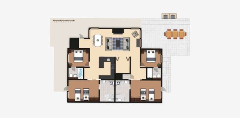 Floor plan displays three-bedroom apartment layout, featuring central kitchen and living room, two bathrooms, and corridors; bedrooms at sides; outdoor terrace with dining table and adjacent balcony spaces.