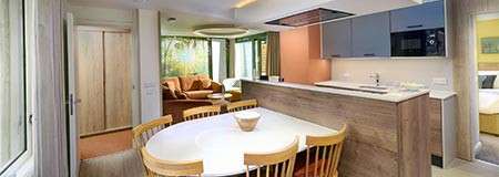 Dining table with wooden chairs anchors foreground, facing a sleek kitchen island where appliances line the wall; beyond, a cozy living nook with sofa and large windows overlooks greenery.