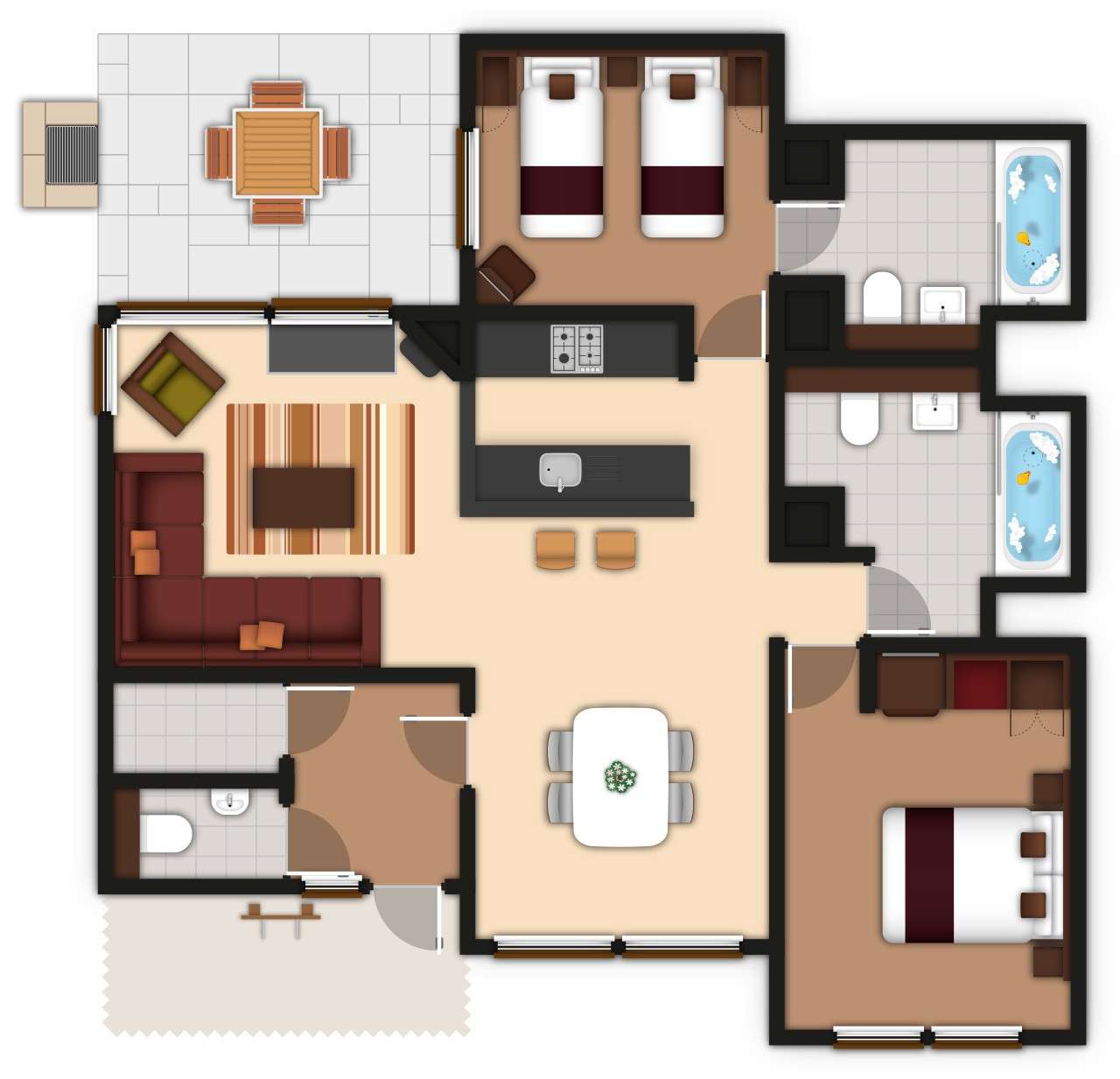 A detailed floor plan illustration of a two bedroom Forest Lodge. If you require further assistance viewing the floor plan or need further information please contact Guest Services.