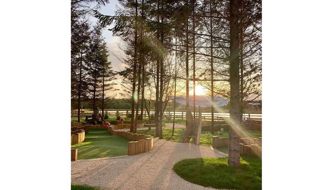 Sunset light streams through tall trees, illuminating a winding gravel path and wooden-bordered playground; red mushroom figures and benches sit among grass, with a fence and open fields beyond.