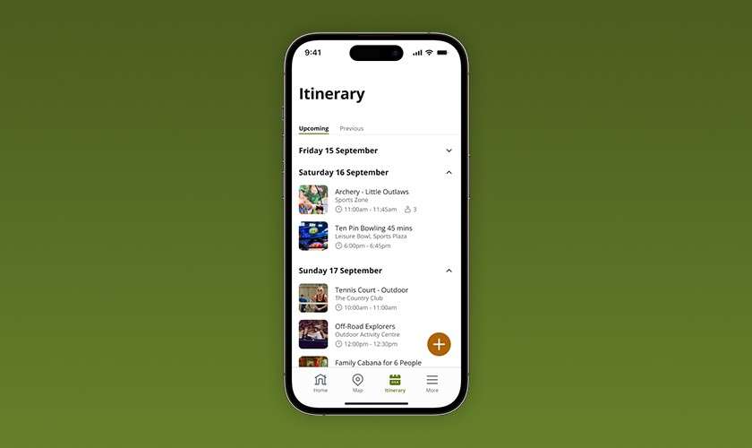 Smartphone displays an itinerary listing upcoming activities, shown on a green background. Text: 9:41; Itinerary; Upcoming; Previous; Friday 15 September; Saturday 16 September; Archery - Little Outlaws; 11:00am - 11:45am; Ten Pin Bowling 45 mins; Leisure Bowl, Sports Plaza; 6:00pm - 6:45pm; Sunday 17 September; Tennis Court - Outdoor; The Country Club; 10:00am - 11:00am; Off-Road Explorers; Outdoor Activity Centre; 12:30pm - 1:30pm; Family Cabana for 6 People; Home; Itinerary; More.