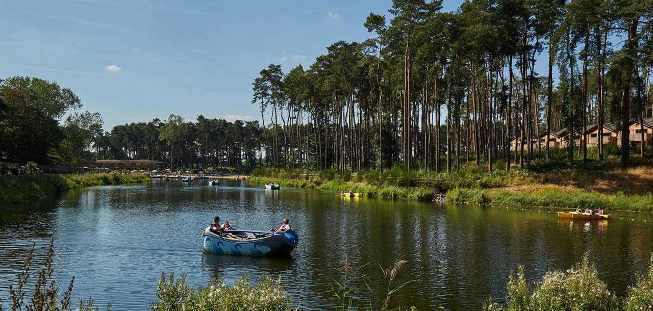 Boats carry people paddling and drifting across a calm, tree-lined lake. More kayaks dot the water. Tall pines and scattered cabins ring the shore under a clear blue sky.