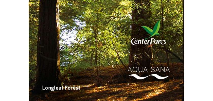 Trees stand in dappled sunlight, casting shadows across a leafy forest floor. Text: CenterParcs, AQUA SANA, Longleat Forest.