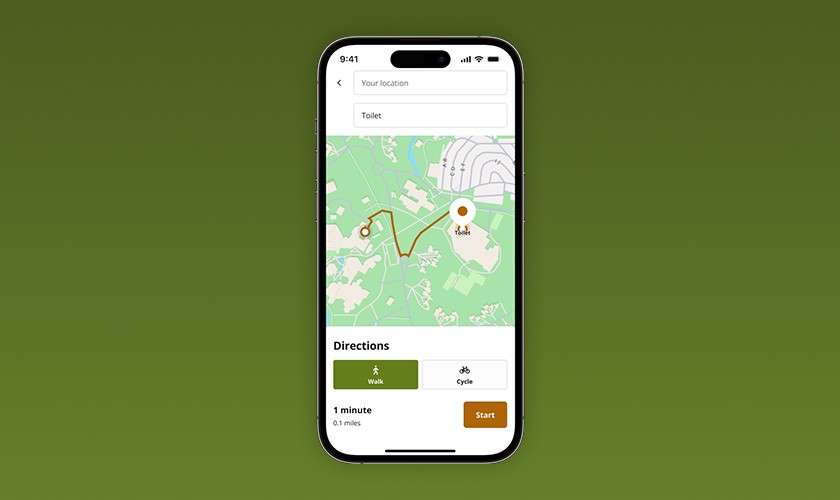 Smartphone screen shows a navigation app plotting a route to a toilet on a green park map; options for walking or cycling. Text: 9:41; Your location; Toilet; Directions; Walk; Cycle; 1 minute; 0.1 miles; Start.