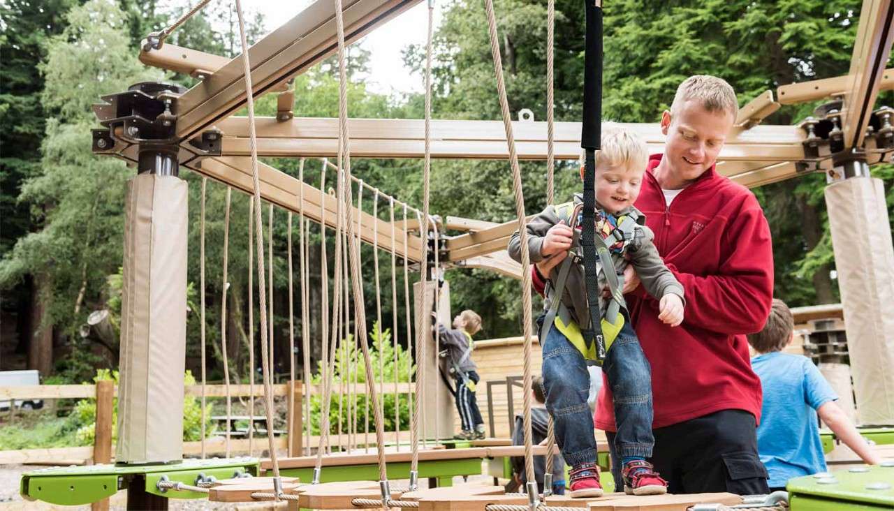 Child wearing a harness steps across suspended wooden platforms while an adult steadies him. Ropes and safety line overhead; other kids play nearby in an outdoor forest adventure playground.