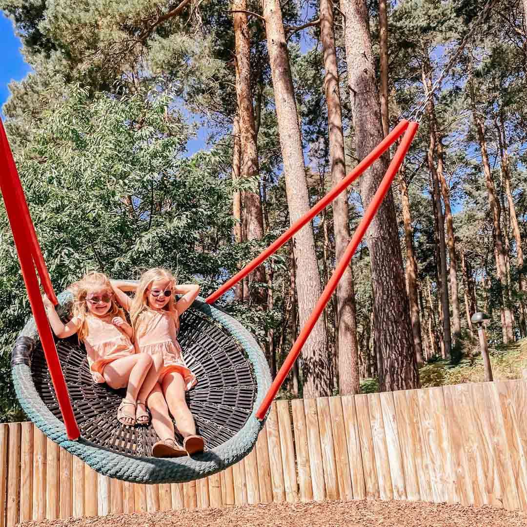 Two children recline and smile on a circular basket swing, legs out, as it arcs upward. The playground has red support poles, wood-chip ground, a wooden fence, and pine trees.