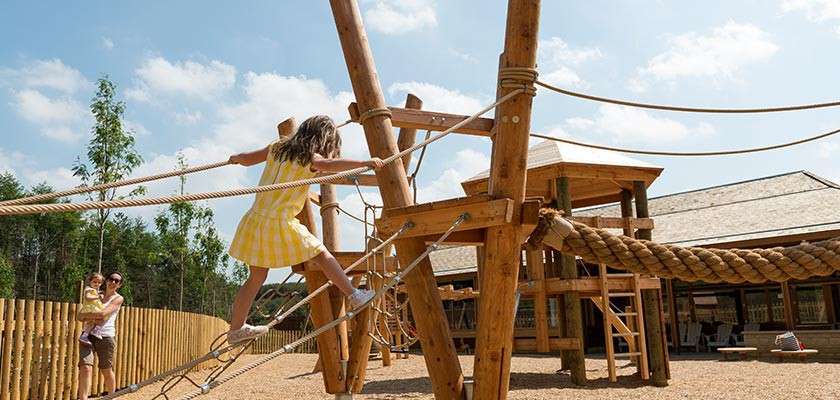 Girl in yellow dress balances across a rope bridge, gripping lines. Surroundings: wooden adventure playground with towers and ropes, gravel ground, fenced area, building and trees under sunny sky.