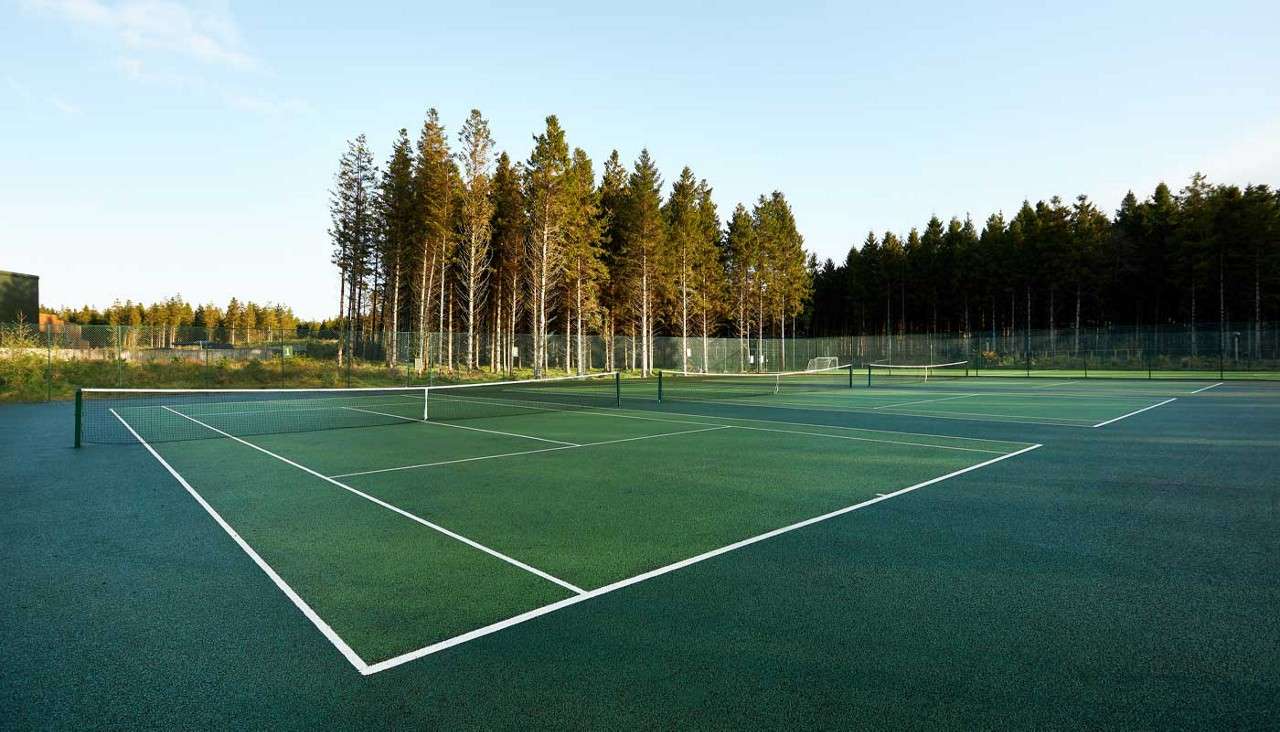 Tennis courts sit empty, nets stretched across, surrounded by chain-link fencing and tall evergreen trees under a clear sky.