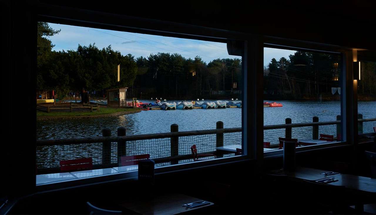 Paddle boats sit docked on a calm lake, viewed through large restaurant windows, with indoor tables and a netted railing in the foreground and pine trees along the far shore.