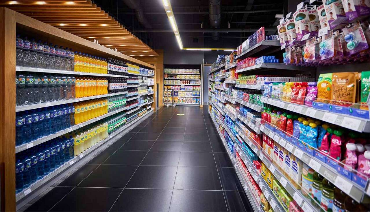 Shelves display colorful beverages and packaged foods, lining both sides of a clean supermarket aisle, while overhead lights illuminate black tile flooring leading toward more stocked shelves at the back.