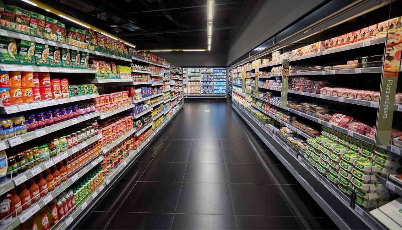Stocked supermarket shelves display sauces and chilled meals, facing each other down a long, glossy-floored aisle; refrigerators stand at the end; vertical sign reads: “Pizza and pasta”.