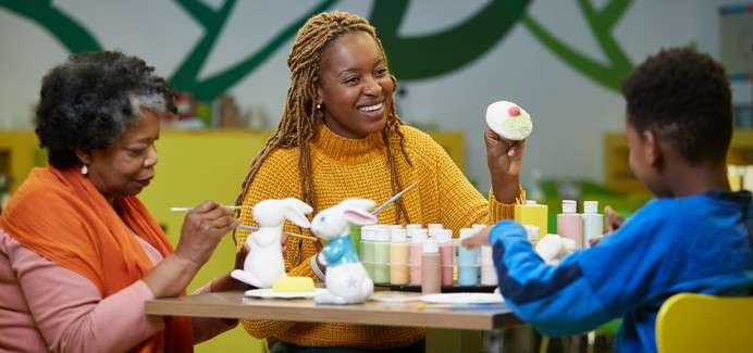 A family doing pottery painting together.
