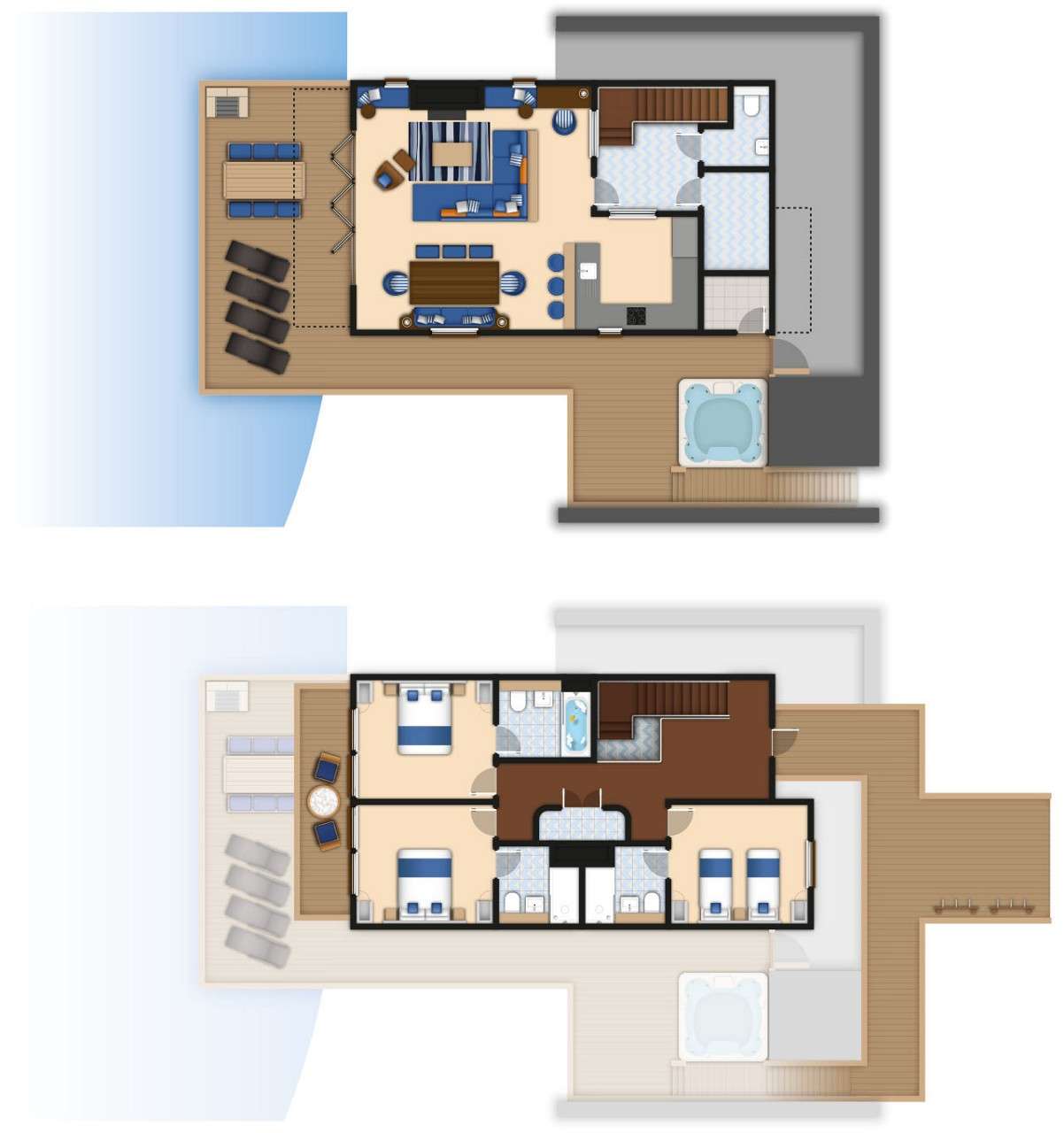 Two floor plans show a two-level overwater villa, featuring decks with loungers and hot tubs, an upstairs open living/kitchen area with bathroom, and downstairs four bedrooms with en-suite bathrooms and central hall.