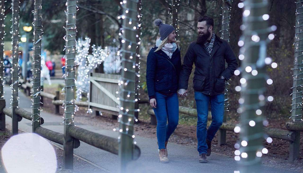 Couple walks hand-in-hand, smiling, along a paved park path. Trees wrapped in white string lights frame the walkway, with wooden rails and distant figures suggesting a festive winter evening.