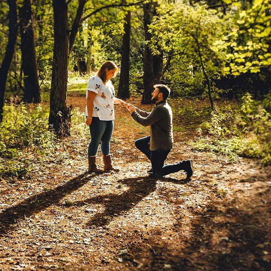 Man on one knee offers a ring to a woman, who looks down at him. Sunlit forest path surrounds them, trees casting long shadows across leaf-strewn ground.