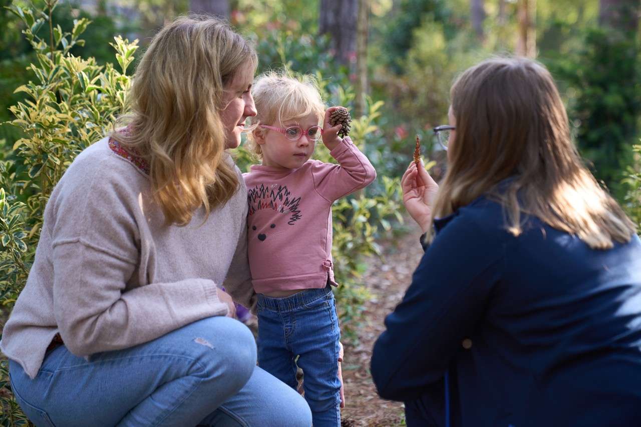 Young girl standing with an adult holding a pine cone.