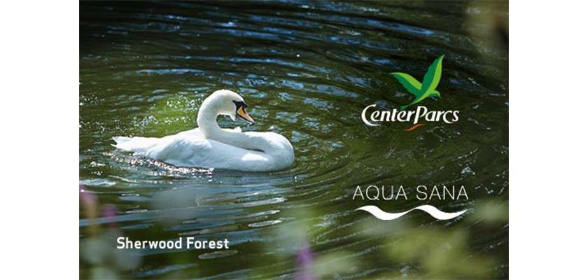 Swan glides across a sunlit, rippling pond amid surrounding greenery. Text: CenterParcs, AQUA SANA, Sherwood Forest.