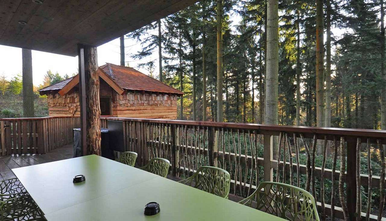 Outdoor table with green chairs sits on a covered wooden deck, overlooking a rustic log cabin and tall pine trees, creating a forest retreat setting.