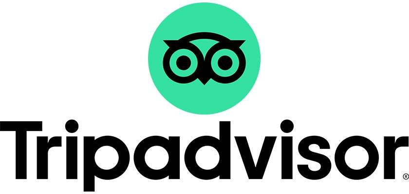 Logo displays stylized owl eyes icon centered in a mint-green circle, hovering above the brand name. Text: Tripadvisor with a small registered trademark symbol.