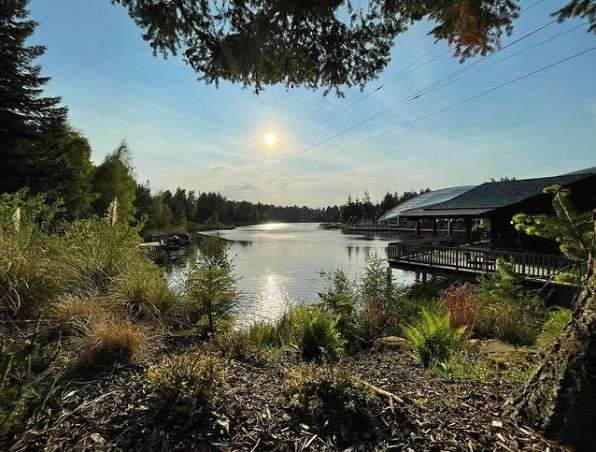 Sun reflects on calm lake, shimmering; surrounding evergreens and shrubs frame the water; a wooden lakeside pavilion extends over the shoreline, under a clear late-afternoon sky.