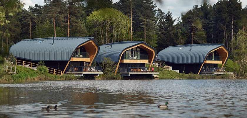 Three modern, curved-roof lodges overlook a calm lake, with ducks swimming in the foreground; the buildings sit on stilts amid dense forest and wooden walkways.