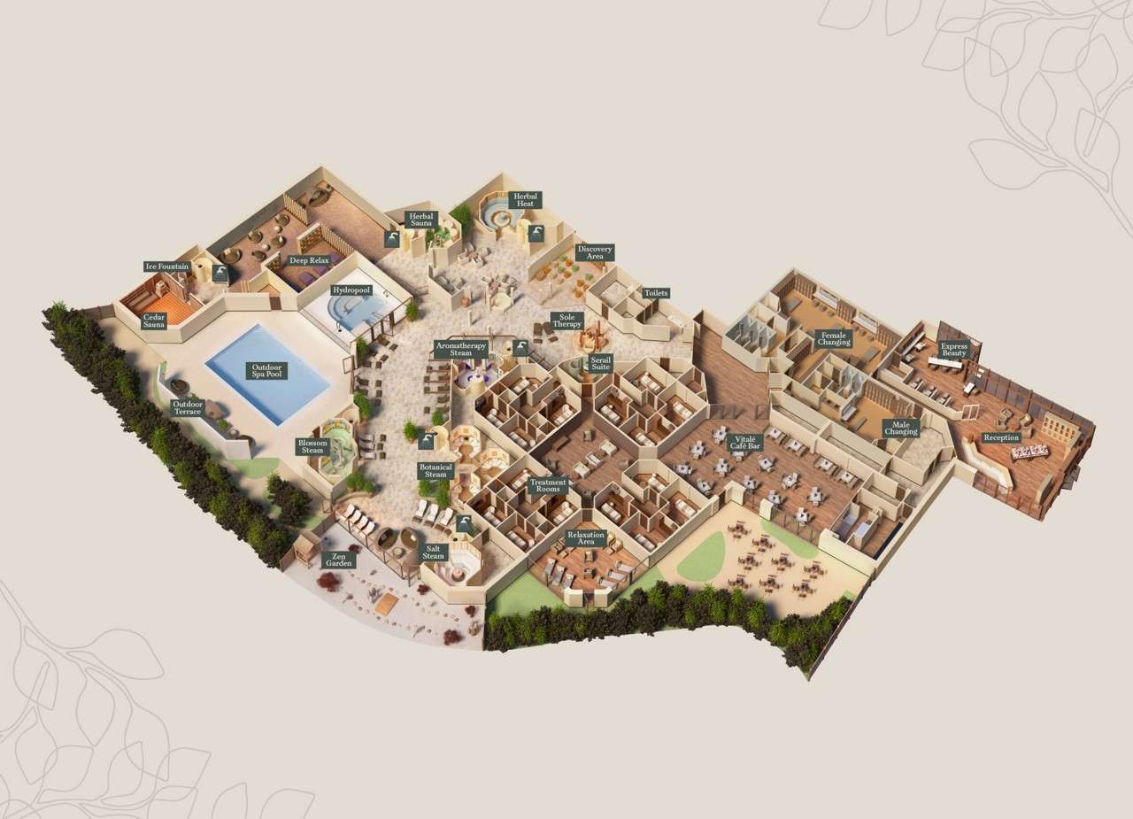 Isometric spa floor plan displays labeled amenities—outdoor pools/saunas left; treatment rooms, café, changing areas, and reception right. Text: Ice Fountain; Cedar Sauna; Outdoor Terrace; Outdoor Spa Pool; Hydropool; Deep Relax; Blossom Steam; Botanical Steam; Aromatherapy Steam; Zen Garden; Salt Steam; Herbal Sauna; Herbal Pool; Sole Therapy; Discovery Area; Serail Suite; Treatment Rooms; Relaxation Area; Toilets; Vitalé Café Bar; Female Changing; Male Changing; Express Beauty; Reception.